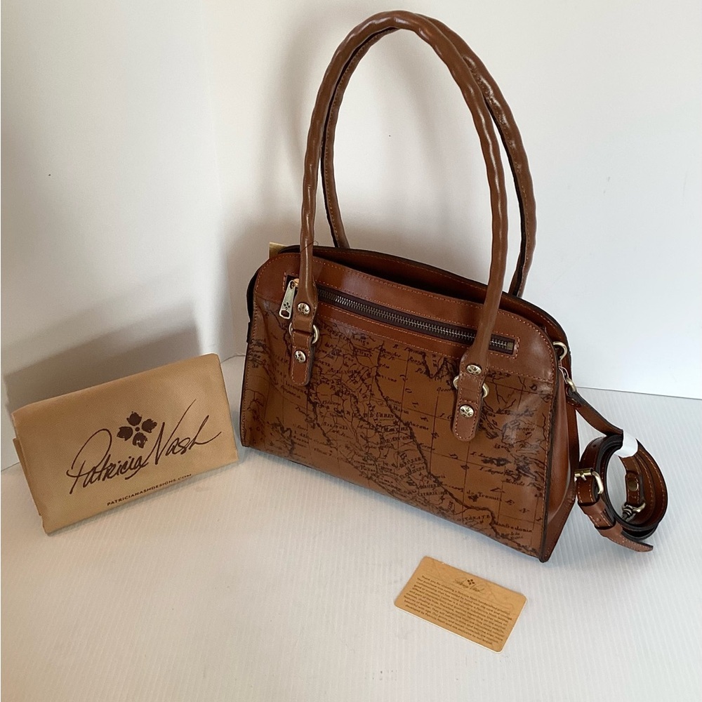 Patricia Nash Calvi Leather Satchel Bag Signature Map Riot Rust Brown NWT $249 - Picture 2 of 6